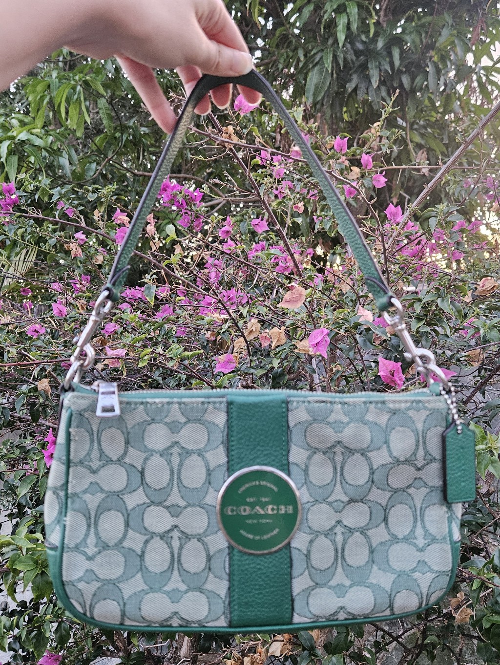 Coach Lonnie Signature Baguette Green Stripe Demi Shoulder Bag C9306